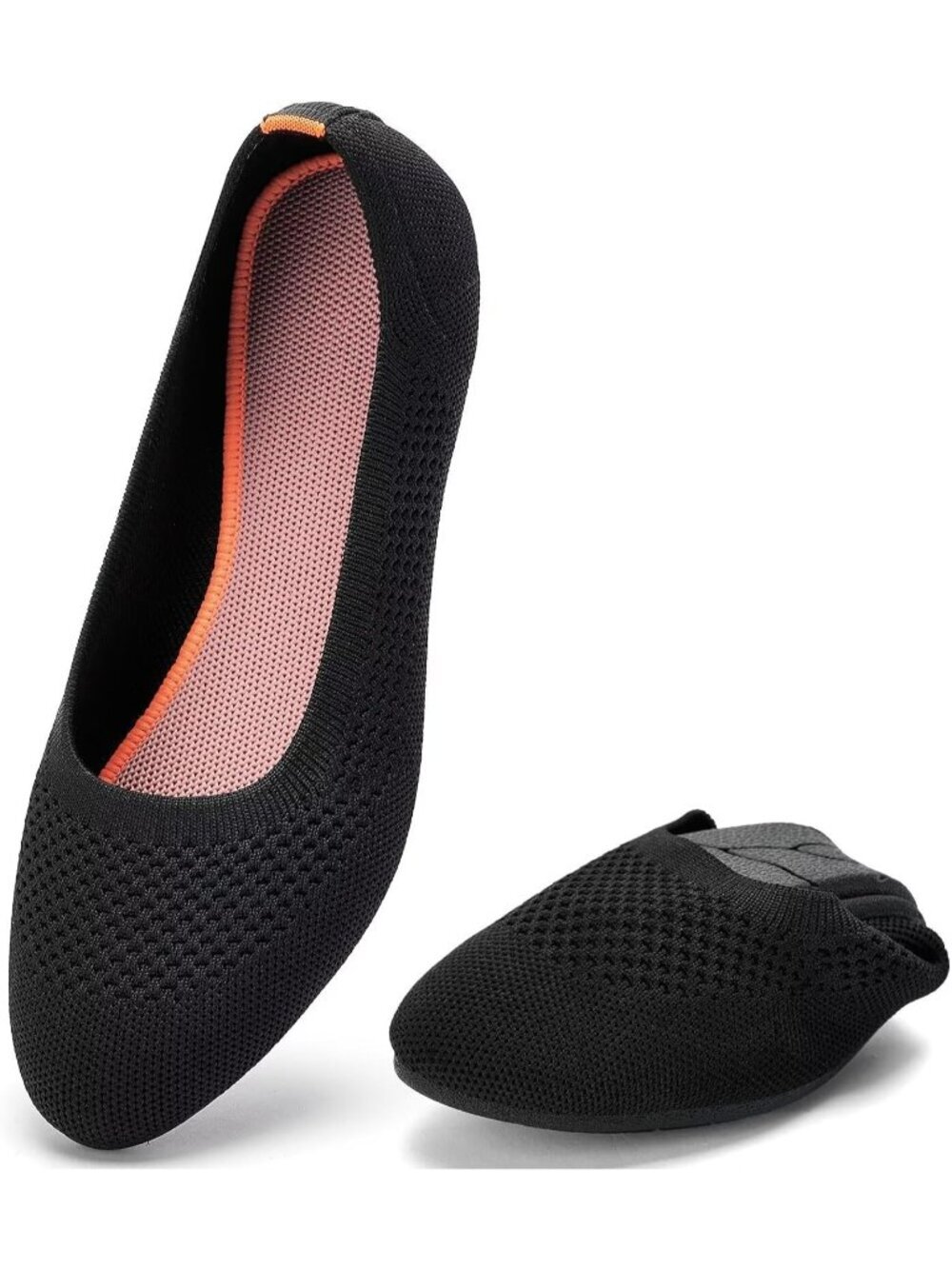 Women's Black Orange 2 Ballet Flat Knit Round Toe Textile Slip On Walking Shoes